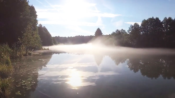 Утренний туман над проточным озером.